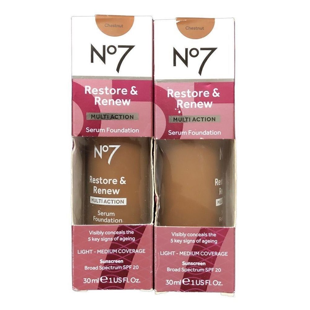 No7 Restore & Renew Multi Action Serum Foundation Chestnut, 1 fl oz ea, Lot of 2